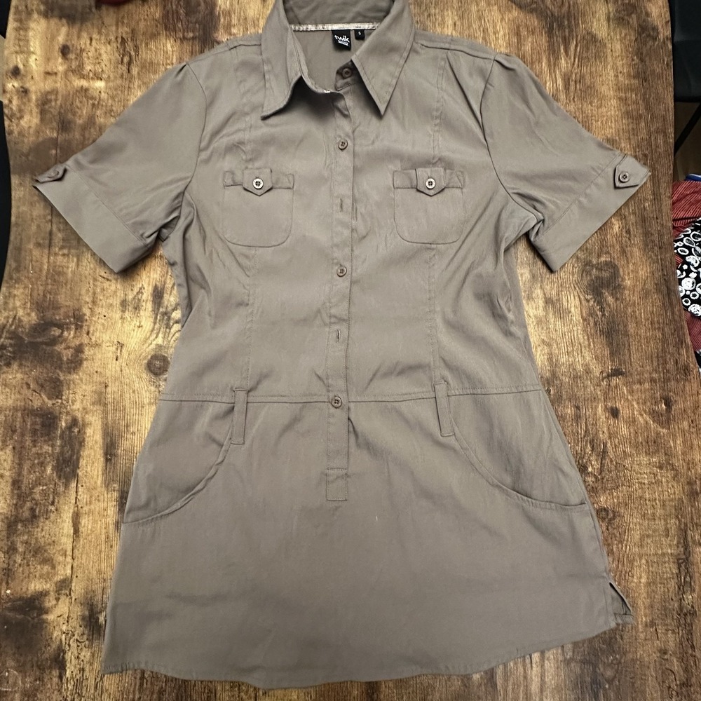 Twik by Simons Women's Beige Safari Style Short Sleeve Button-Front Dress